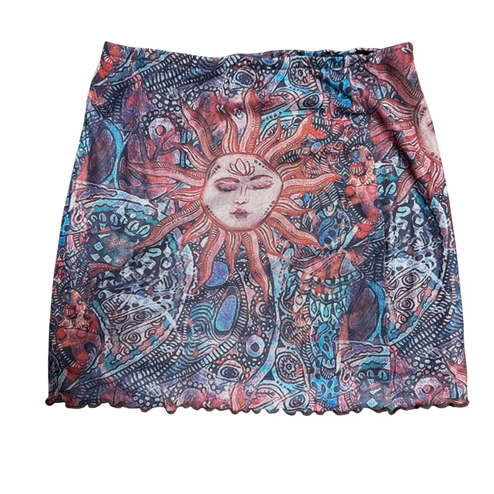 Celestial Sun Moon Mesh Mini Skirt Lettuce Edge Bohemian Psychedelic Multicolor